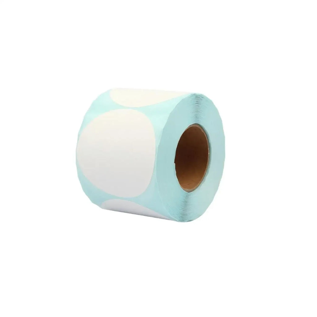 Single light blue roll of thermal barcode labels with white blank circle backing, adhesive