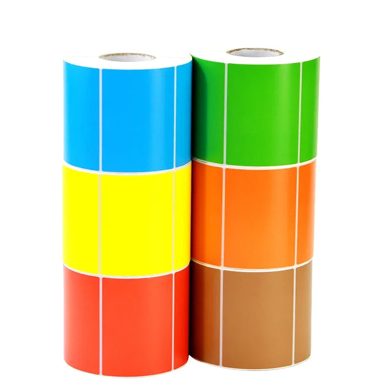 Two rolls of multicolor barcode labels: blue-yellow-red and green-orange-brown.