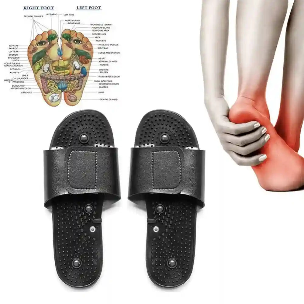 Black acupoint massage slides with textured insoles, adjustable straps, and a reflexology foot chart diagram.