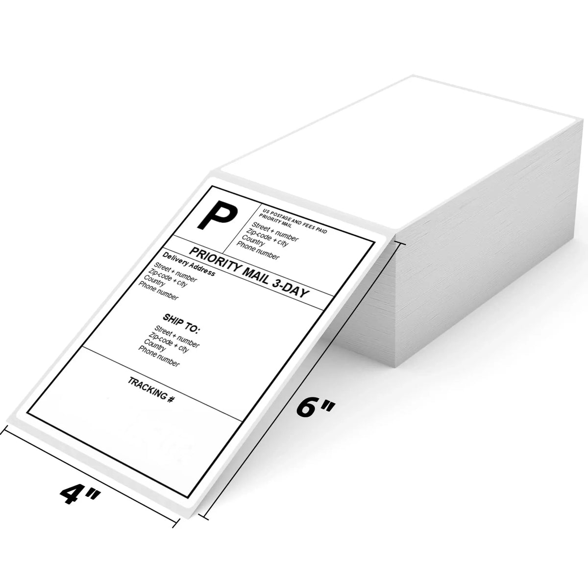 4x6 direct thermal label sheet on a box, white with printed shipping and tracking