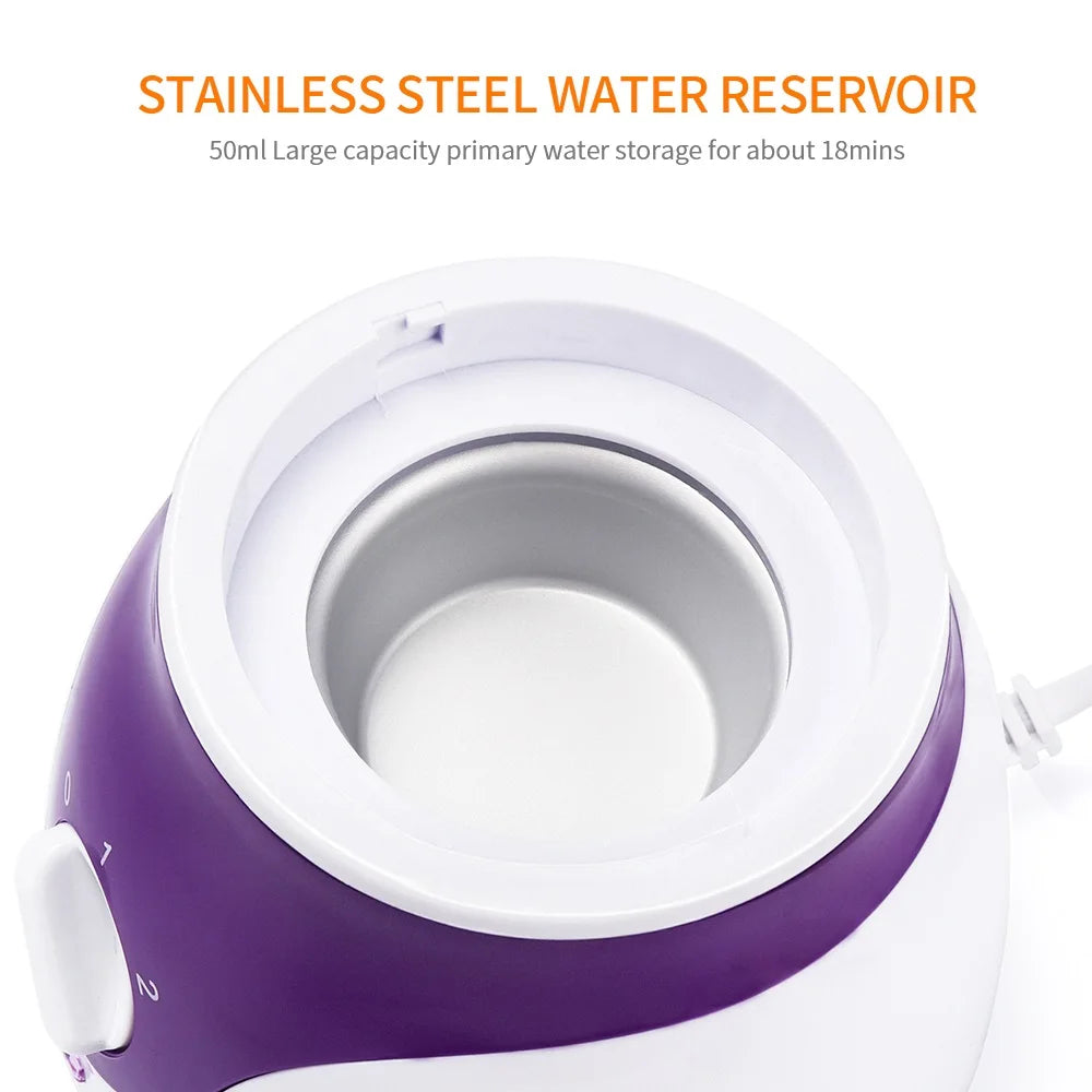 White and purple facial steamer with a 50ml stainless steel water reservoir for home spa skin moisturizing treatment.