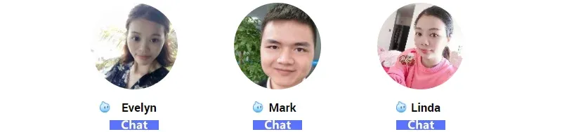 Three circular customer profile icons with chat labels and names