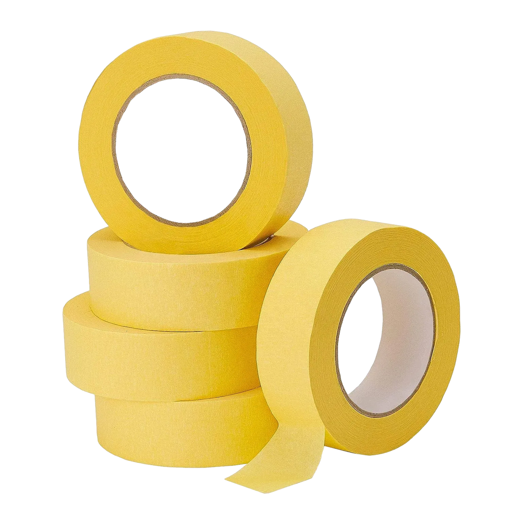 Yellow masking tape rolls stacked with cutout centers and extended strip ends