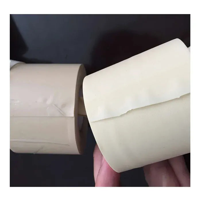 White PVC air duct tape roll, hand holding the wrapped outer layer