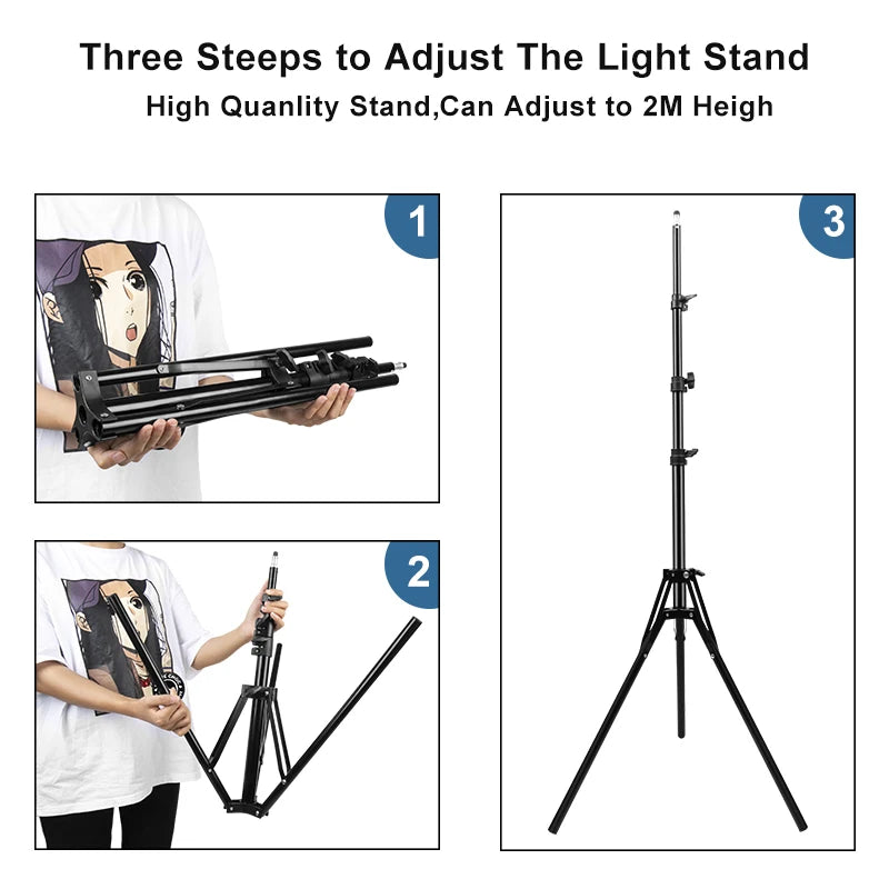 Collapsible black metal light stand, adjustable up to 2 meters for photography lighting.
