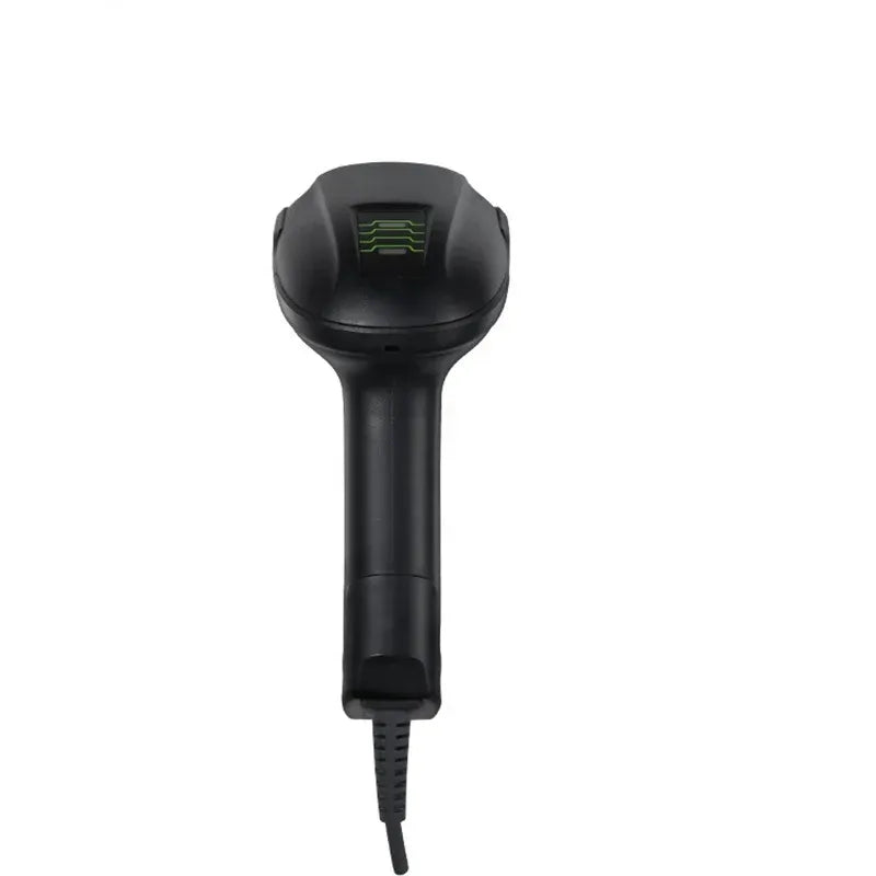 Handheld wireless barcode scanner with green icon on top and wired cable