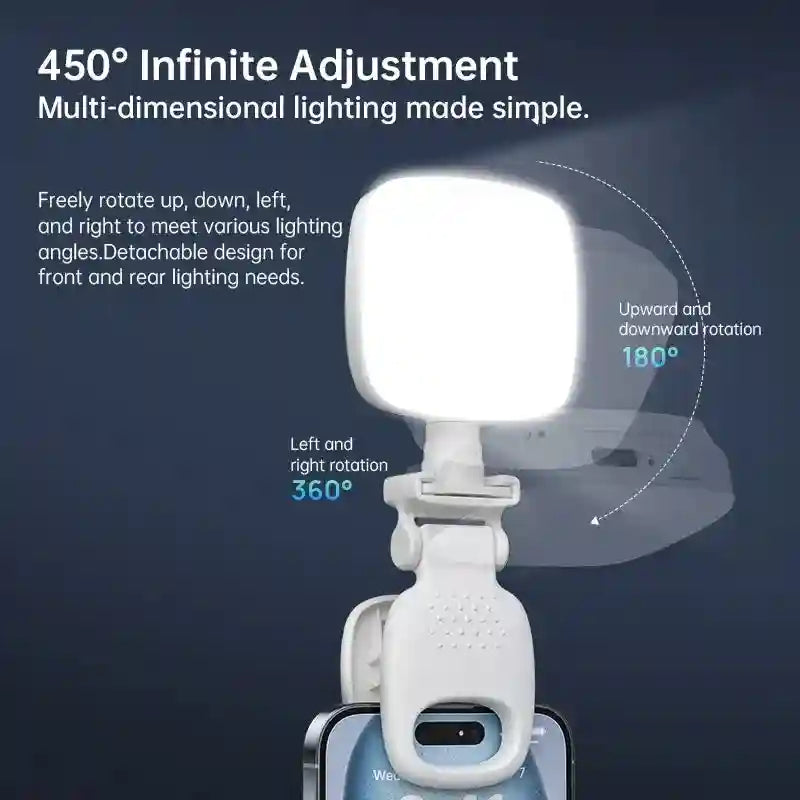 White square clip-on LED phone light with 450-degree adjustable rotation for front or rear-facing photography.