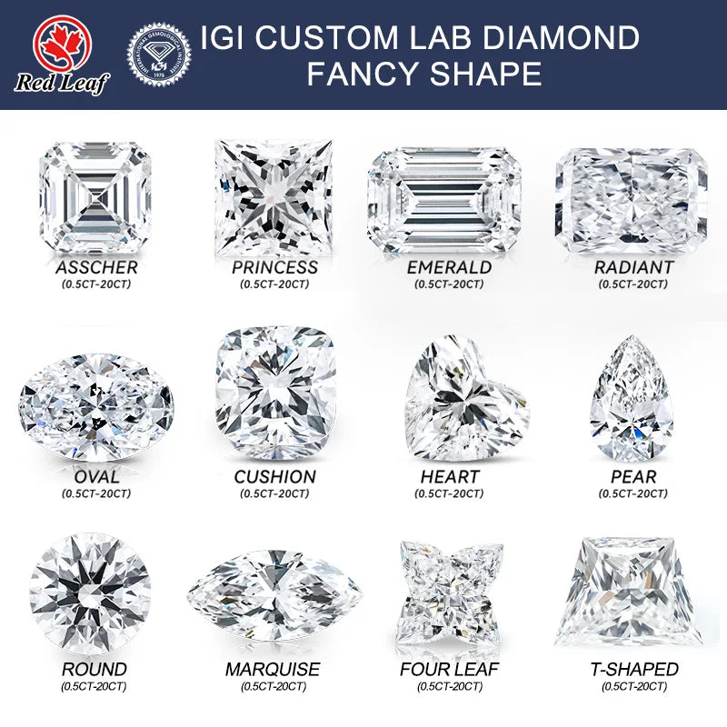 Assorted lab-grown diamond cuts, including oval, heart, and princess shapes