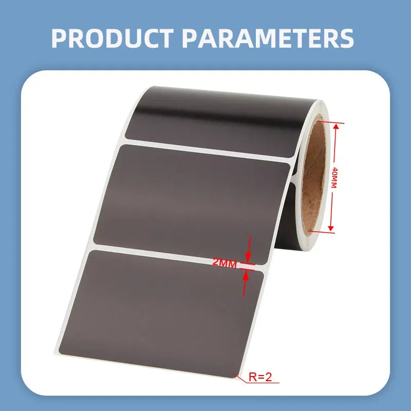 Black rectangular sticker labels on roll, 2mm label thickness shown