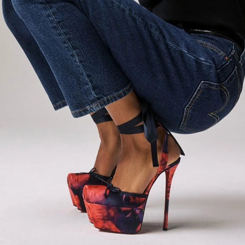 New Colors Women Silk Platform High Heels Stiletto Summer Square Toe Front Bow Shoes Ankle Cross Lace up Dress Wide Fit Pumps