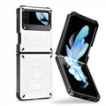 White and black carbon fiber protective case for Samsung Galaxy Z Flip phone, showing closed and partially open views.