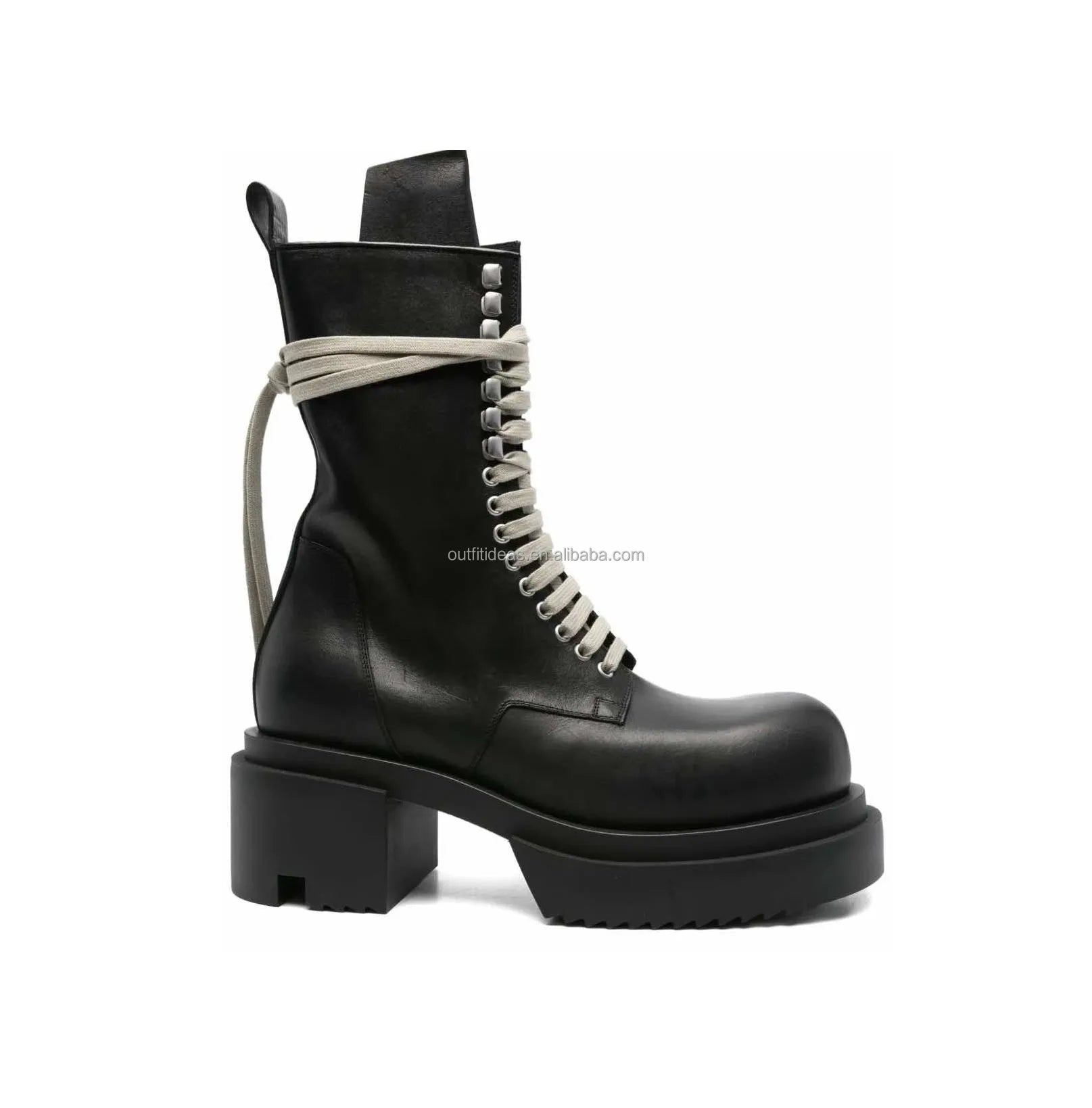 Wraparound Lace-up Unisex Platform Heel H2.5" Dress Shoes Calf Leather Men Ankle Leather Black Chelsea Lace up Bogun Boots