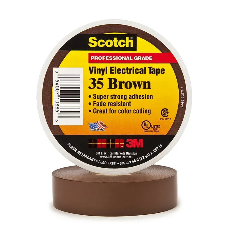 Vinyl electrical tape roll in brown, PVC insulation, pressure-sensitive, 19 mm width