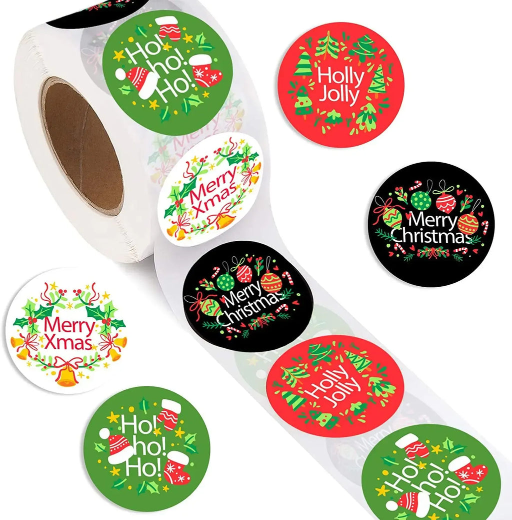 Christmas round sticker roll labels with red, green, and black “Merry Christmas” designs