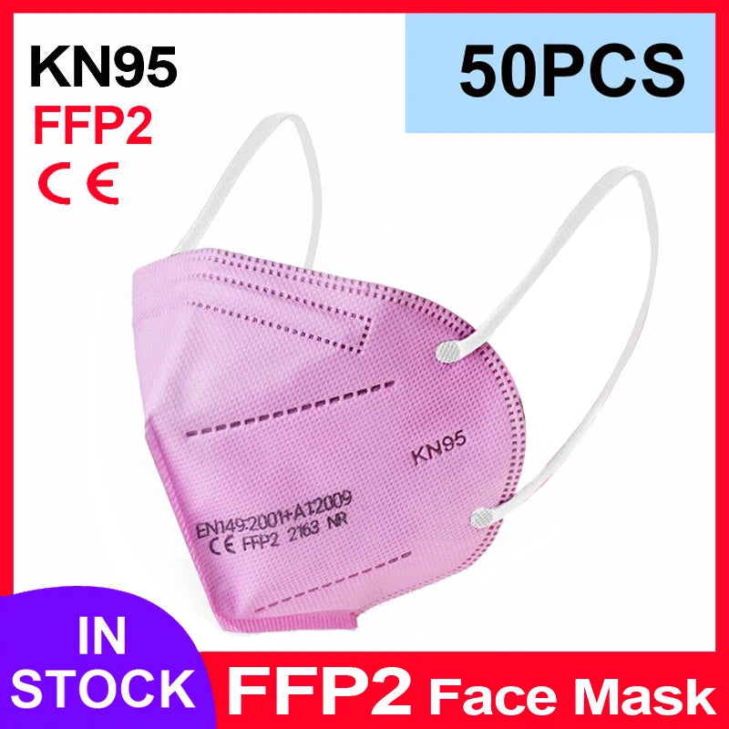 Pink 5-layer FFP2 KN95 face mask with white ear loops, textured protective fabric, and CE safety certification.