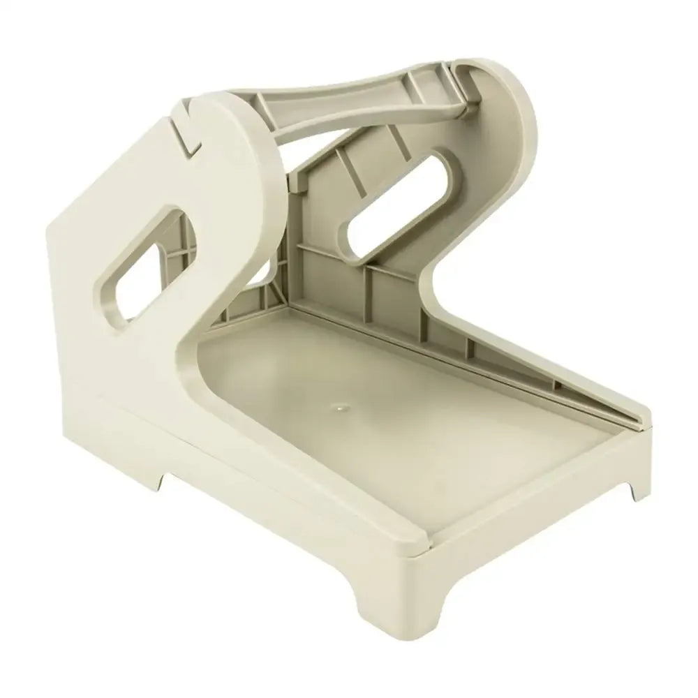 Beige desktop label roll holder with open frame and base tray
