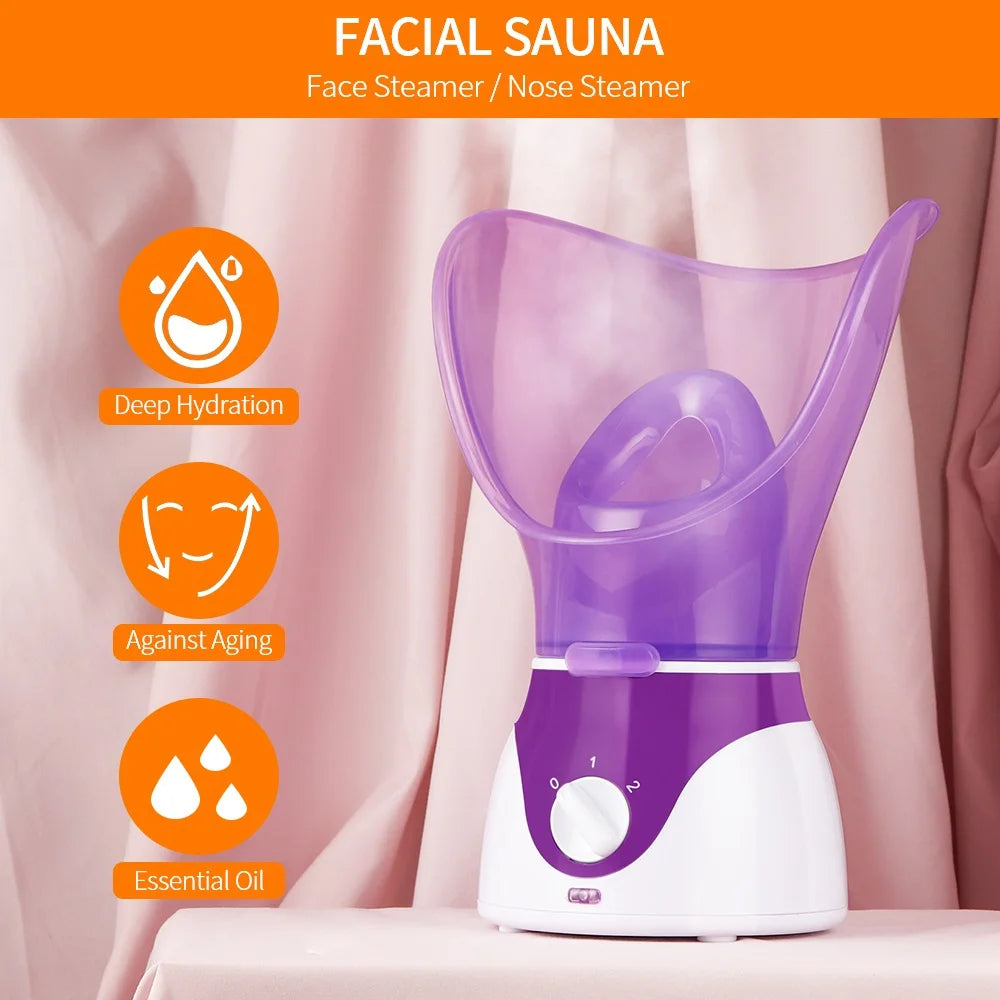 Purple facial steamer and nose sauna machine for deep skin hydration, pore cleaning, and spa home beauty care.