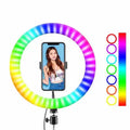 RGB ring light with phone mount for streaming and photography, displaying multiple color modes on a white background.