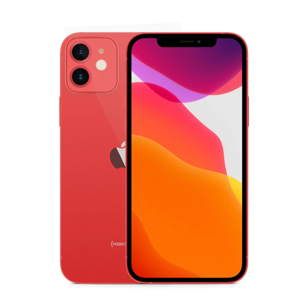 Red Apple iPhone 12 Mini front and back view, 5.4-inch OLED display, dual-camera system, unlocked 5G smartphone.