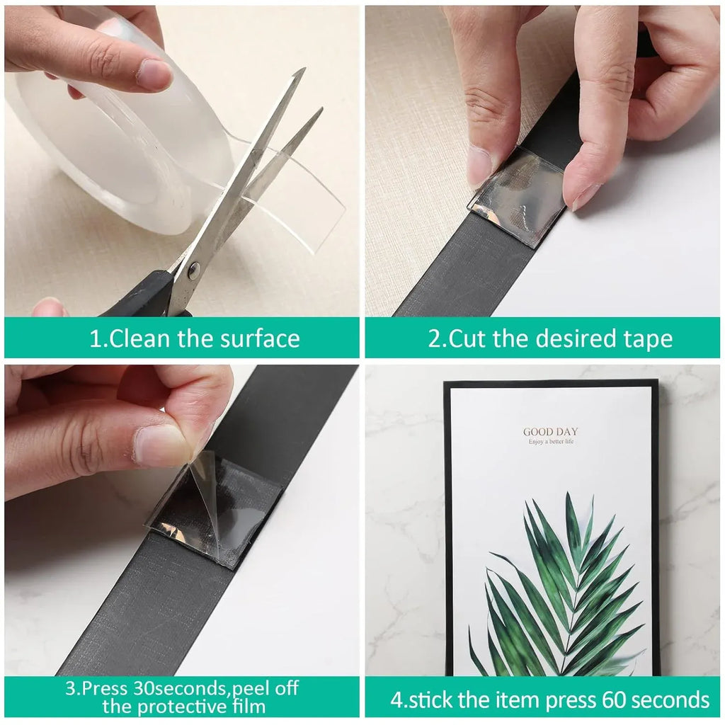 Transparent double-sided tape use: cut strip, peel backing, press to stick