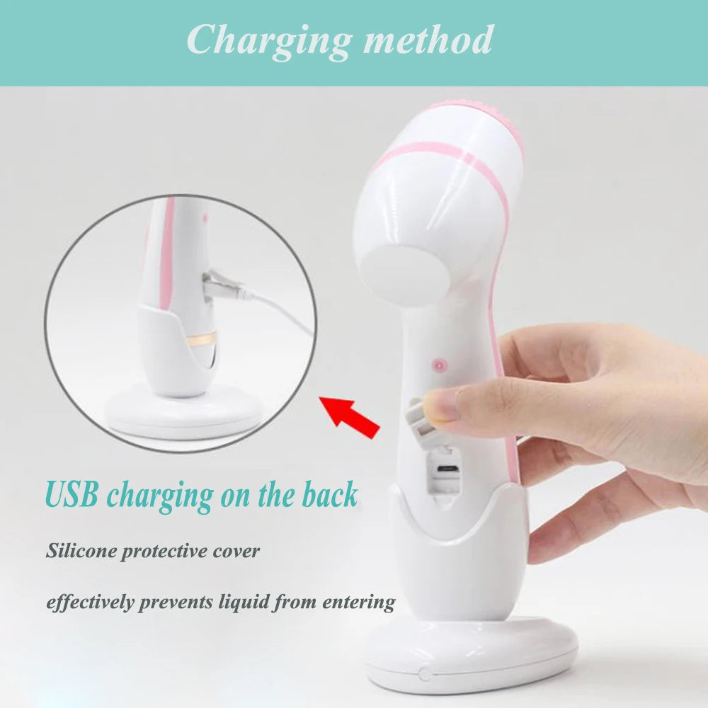 White and pink sonic facial cleansing brush with USB charging port and waterproof silicone cover for deep skin care.
