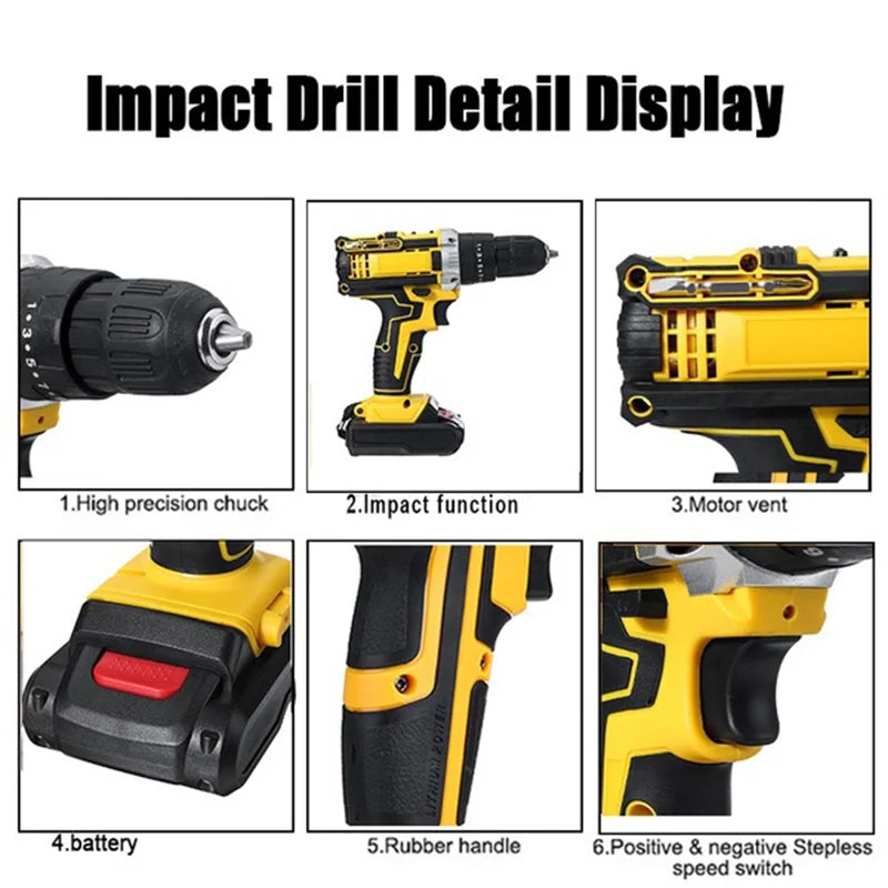 Gisam Cordless Impact Drill Electric Screwdriver Rechargeable Handheld Hammer Drill Power Tool 25+3 Torque Driver Li-ion Battery