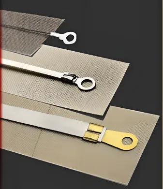 Brown PTFE tape secured with metal clips and gold connector