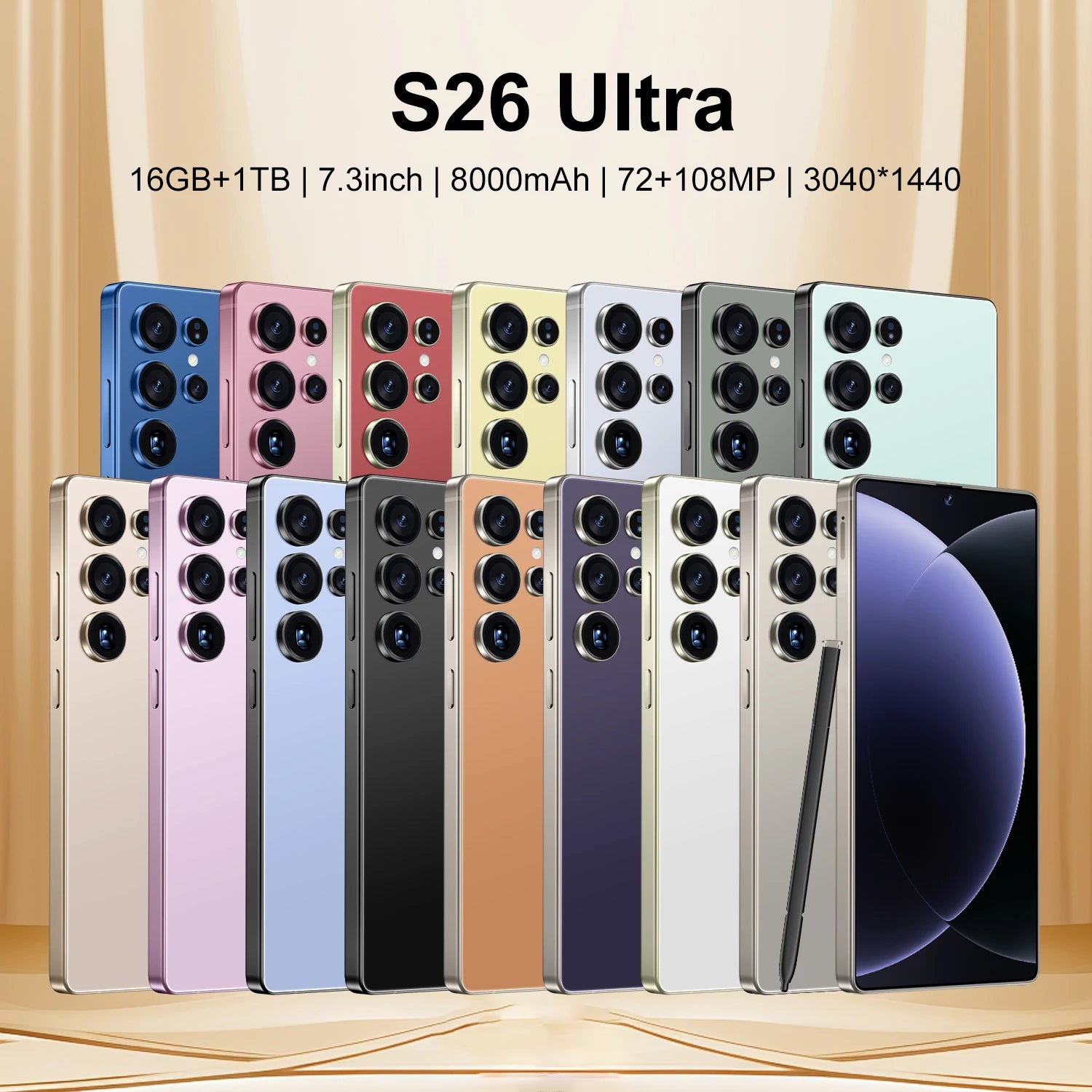 New S26 Ultra Original 5G Smartphone 7.3-Inch HD Screen 16GB+1TB Dual Card 72+108MP HD Beauty Camera Spanish Operating Language