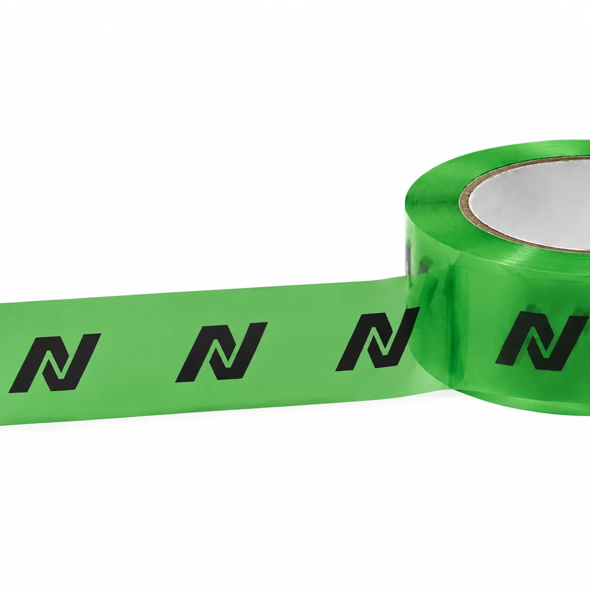 Green packaging tape roll with repeating black and green “N” symbols