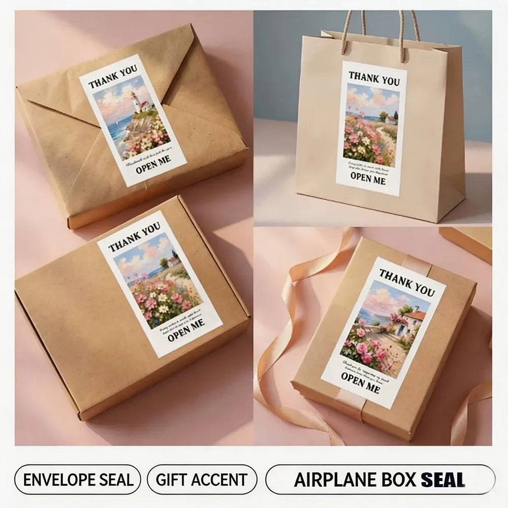 Thank-you "OPEN ME" seal stickers shown on kraft envelopes and mailer boxes