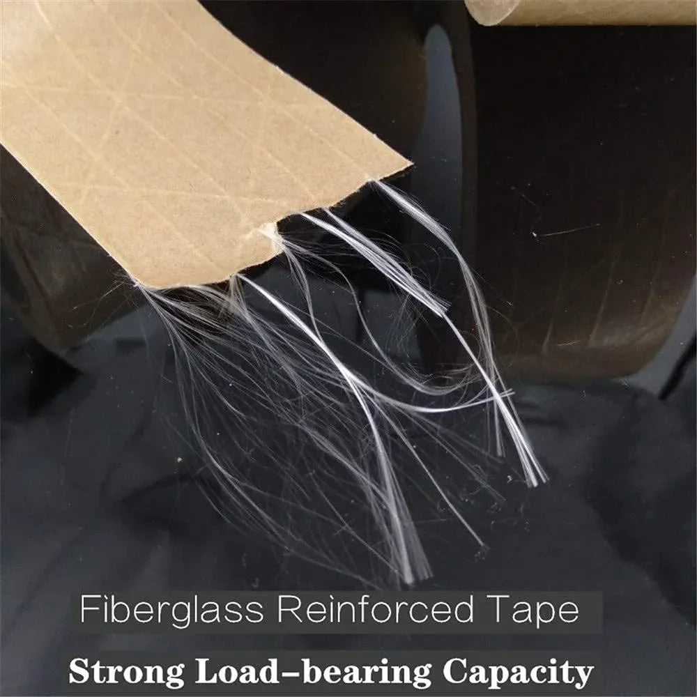 Brown kraft paper tape strip with visible reinforcing strands over packaging box