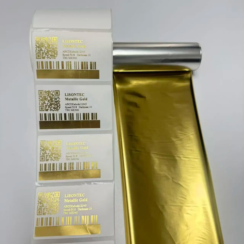 Metallic gold thermal transfer barcode ribbon with silver core and printed barcode labels