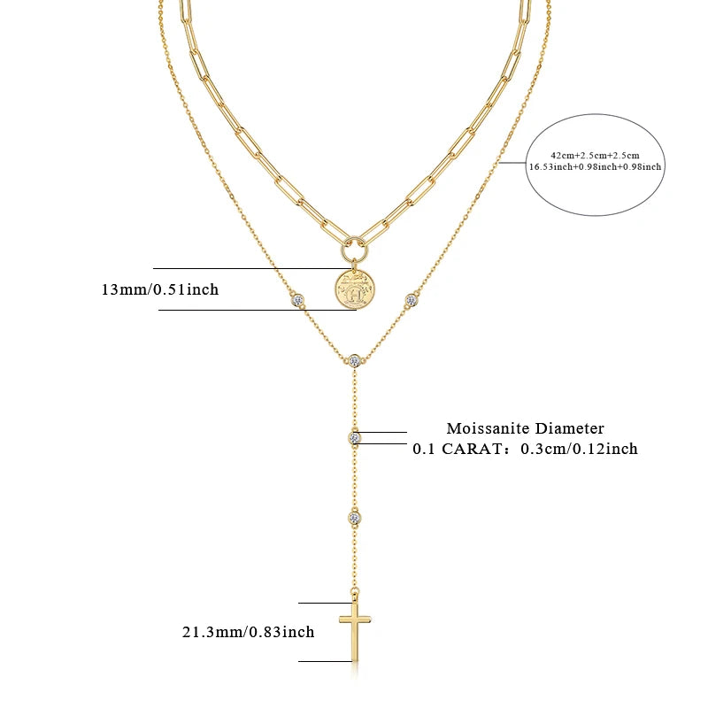 Factory Price Vintage Coin Cross Moissanite Layered Necklace, D Color VVS1 Bezel Set Design, Romantic Statement Necklaces