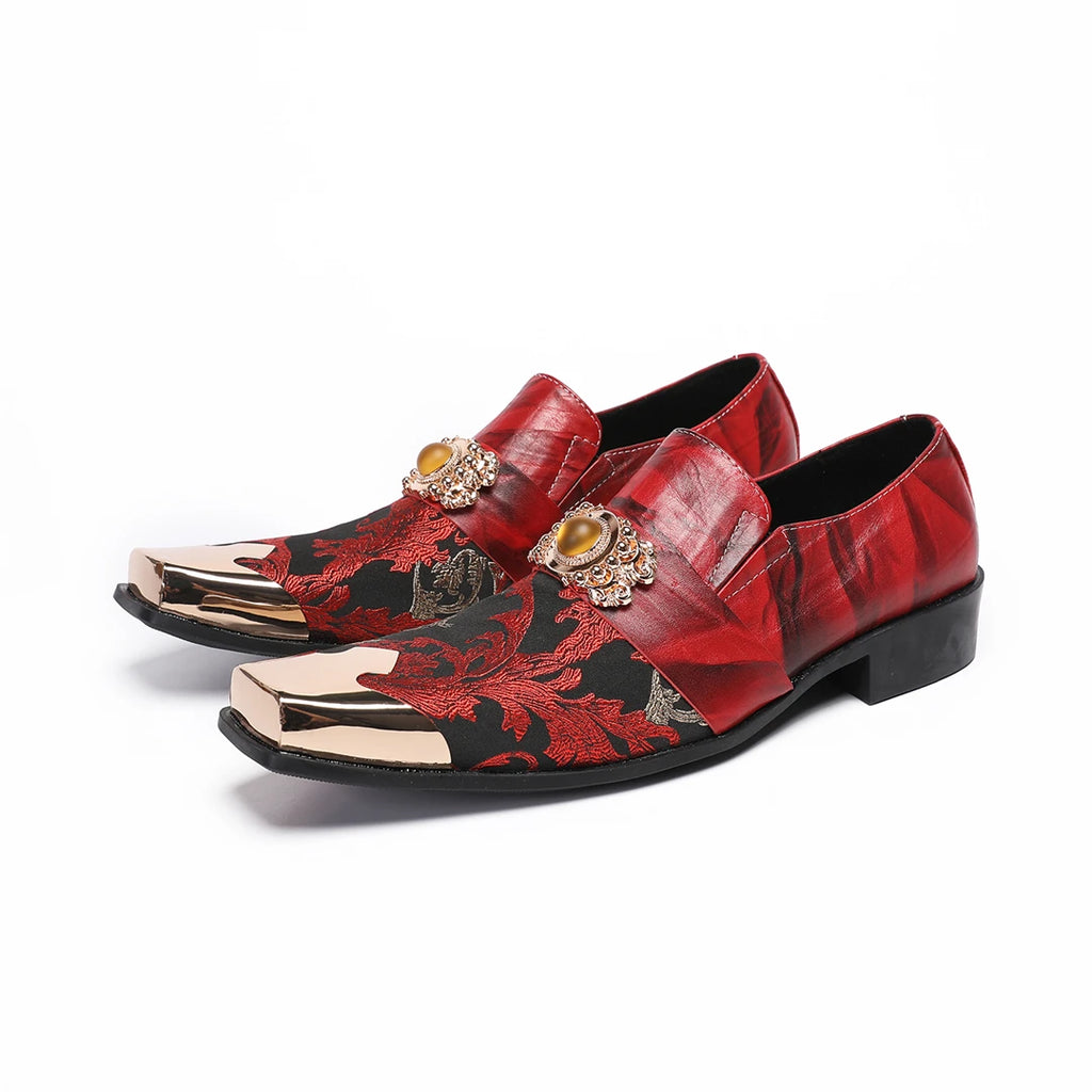 Red & black leather loafers with floral brocade, gold metal toe cap, jeweled hardware, and sleek black dress sole.