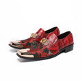 Red & black leather loafers with floral brocade, gold metal toe cap, jeweled hardware, and sleek black dress sole.