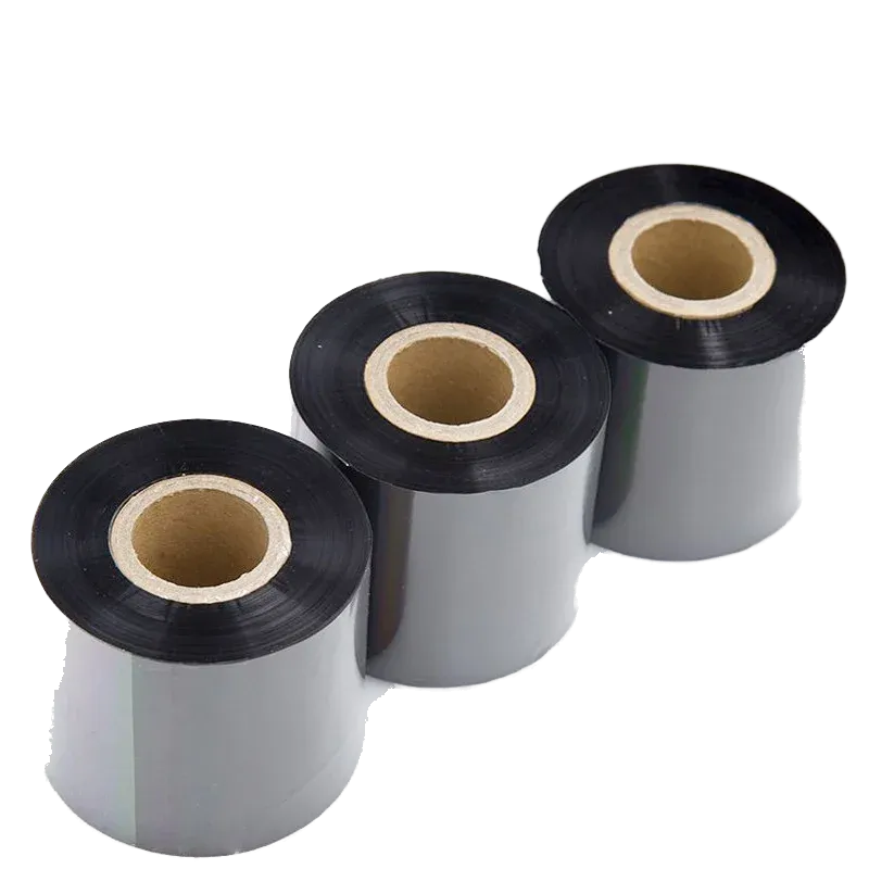 Black thermal transfer ribbon rolls on gray cores, label ribbon spool set