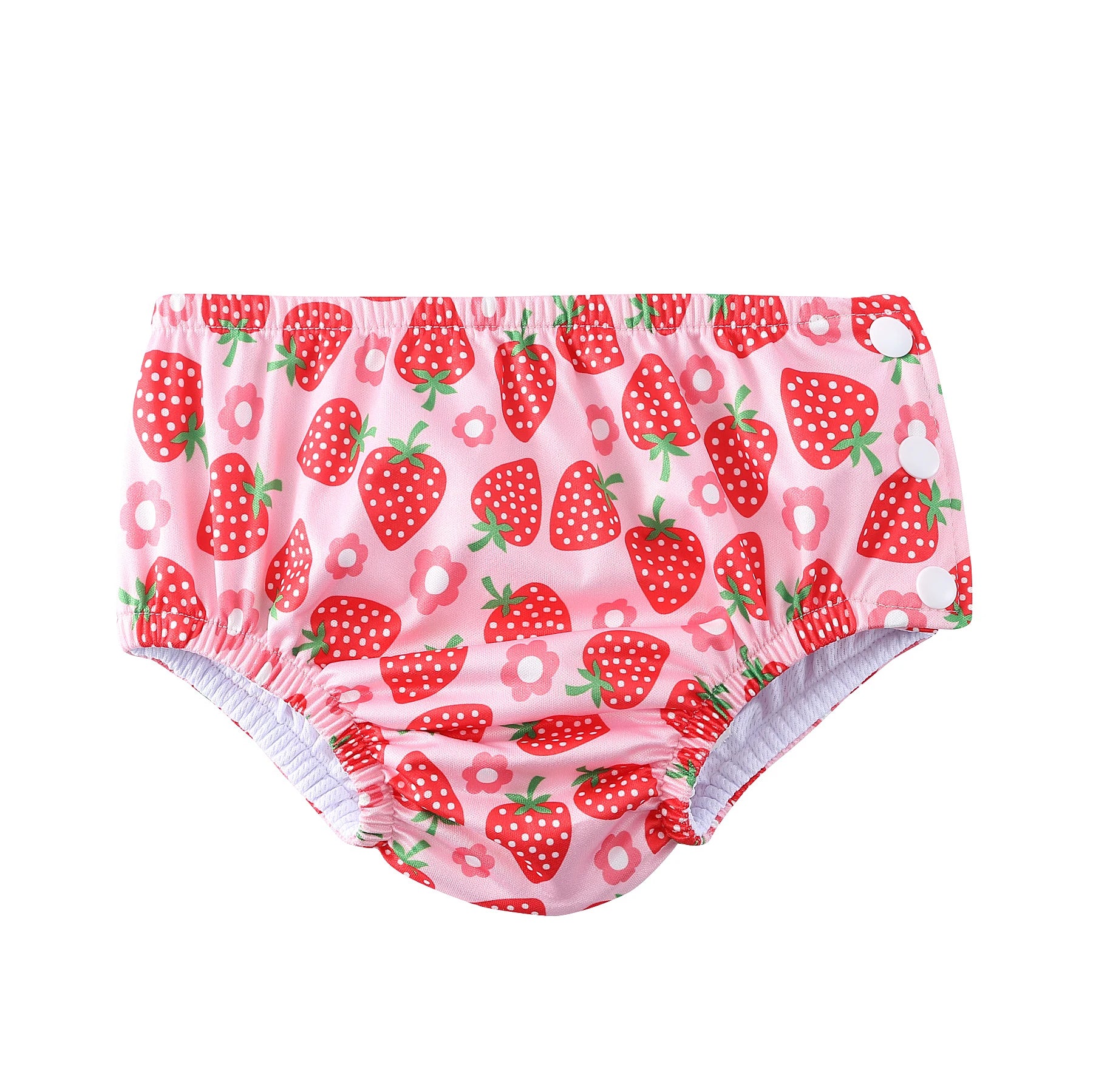 Reusable strawberry print baby swim diaper with snap sides for easy changes. Comfortable waterproof baby care gear.