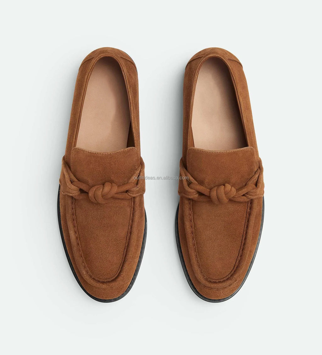 Calfskin Leather Loafers New With Tags Unisex Women Knot Soft Suede Loafers Genuine Leather Men Derby Shoes Brown Suede Loafers