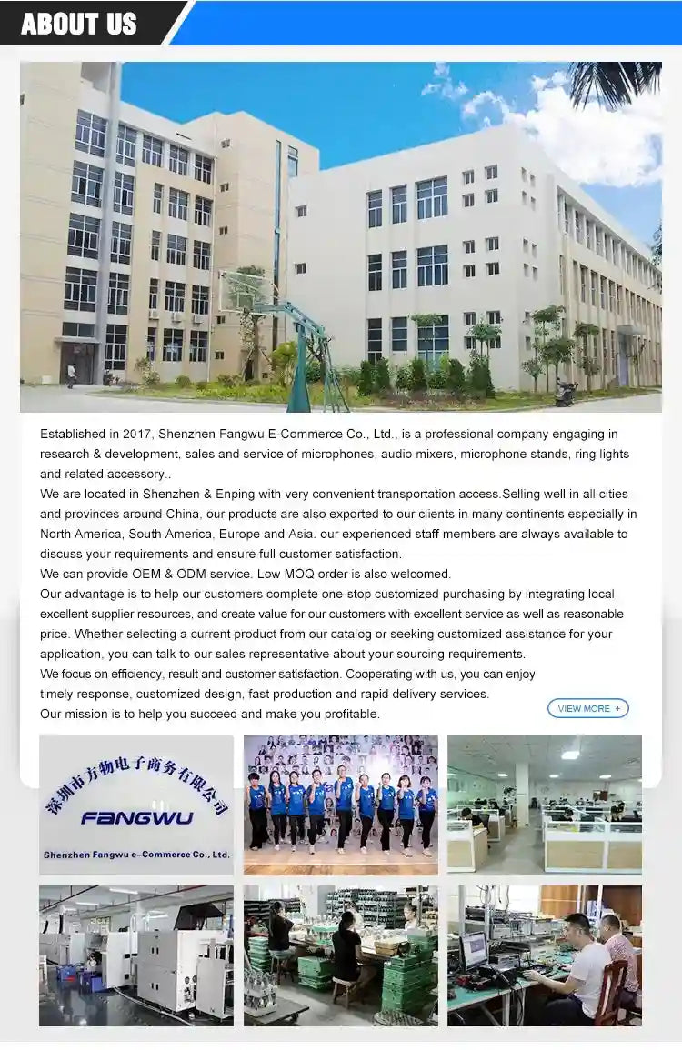 Large modern corporate building with blue sky, followed by company office, assembly line, and staff photos.