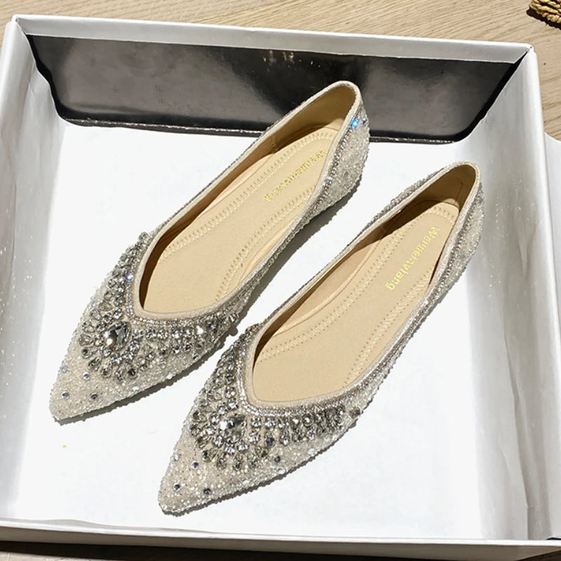 Luxury Diamond  Fashion  Loafers Women Pointed Toe Pumps Elegant Flat Dress Shoes for Ladies