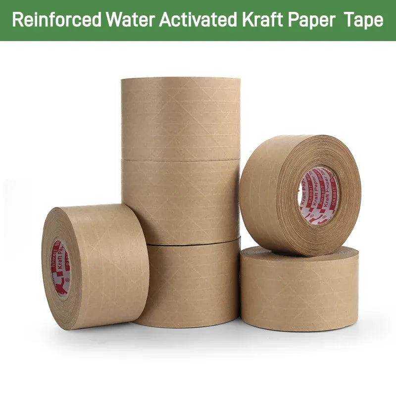 Reinforced brown water-activated kraft paper tape roll set