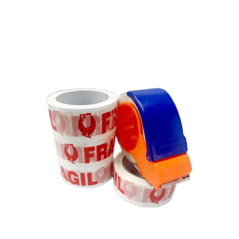 Printed clear packing tape rolls with red and white lettering on cores