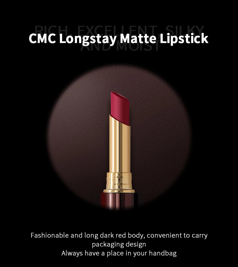 CHARMACY long-lasting matte velvet lipstick in deep red with a gold tube, elegant makeup for long-stay lip color.