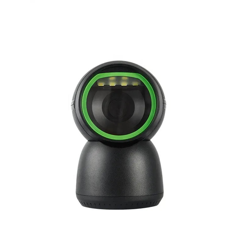 Desktop barcode/QR scanner with green LED ring and black base, front view
