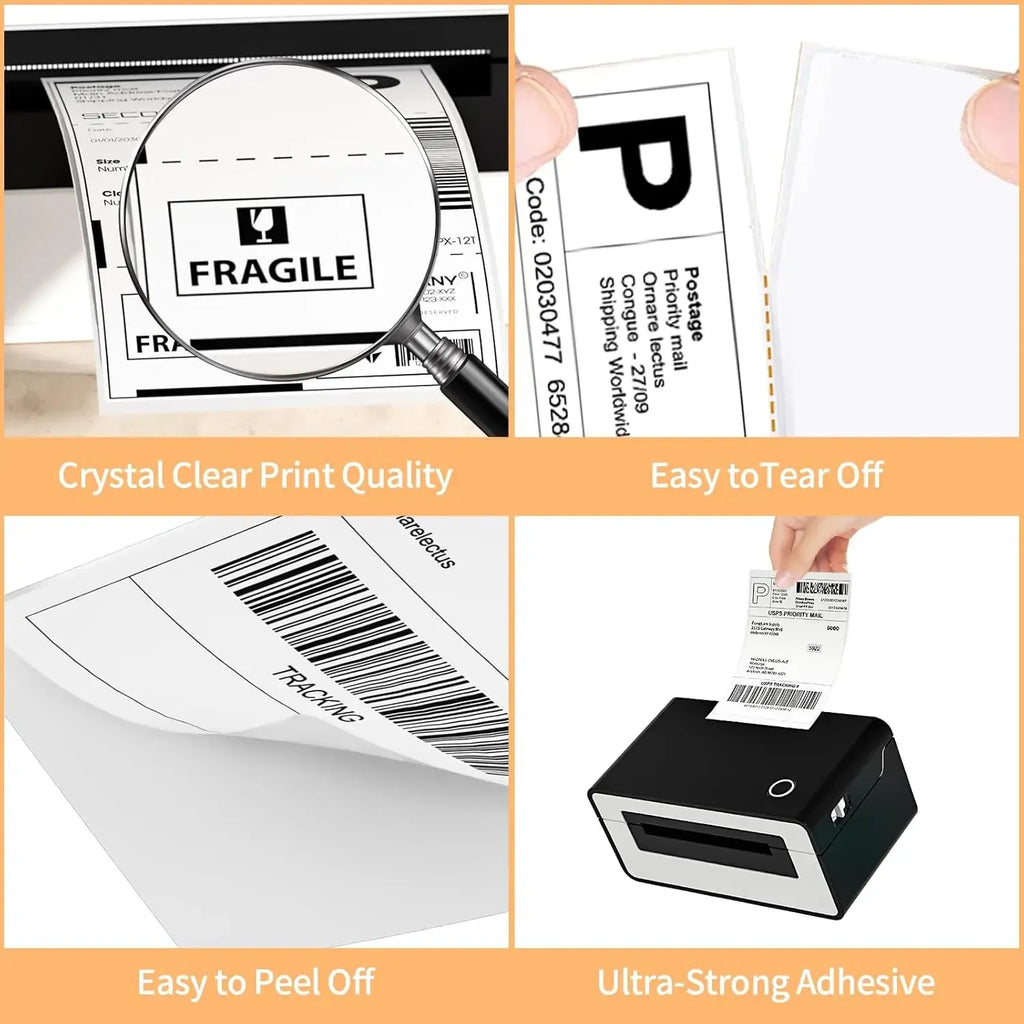 Thermal shipping label sheet with barcode, plus peel-off and fragile label details