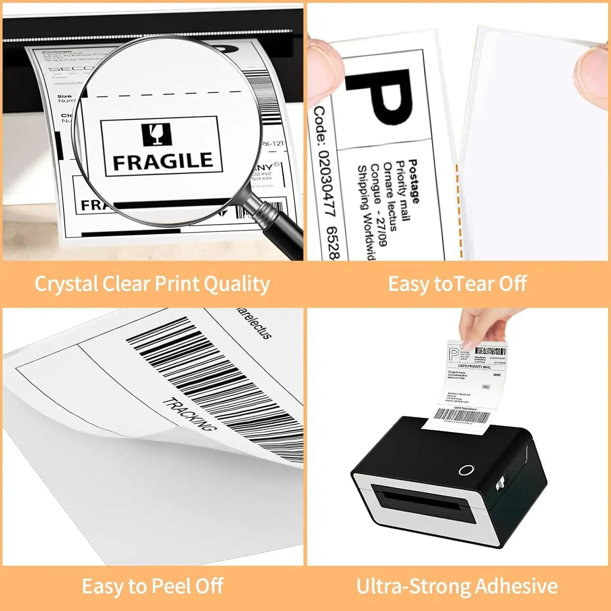 Thermal shipping label sheet with barcode, plus peel-off and fragile label details