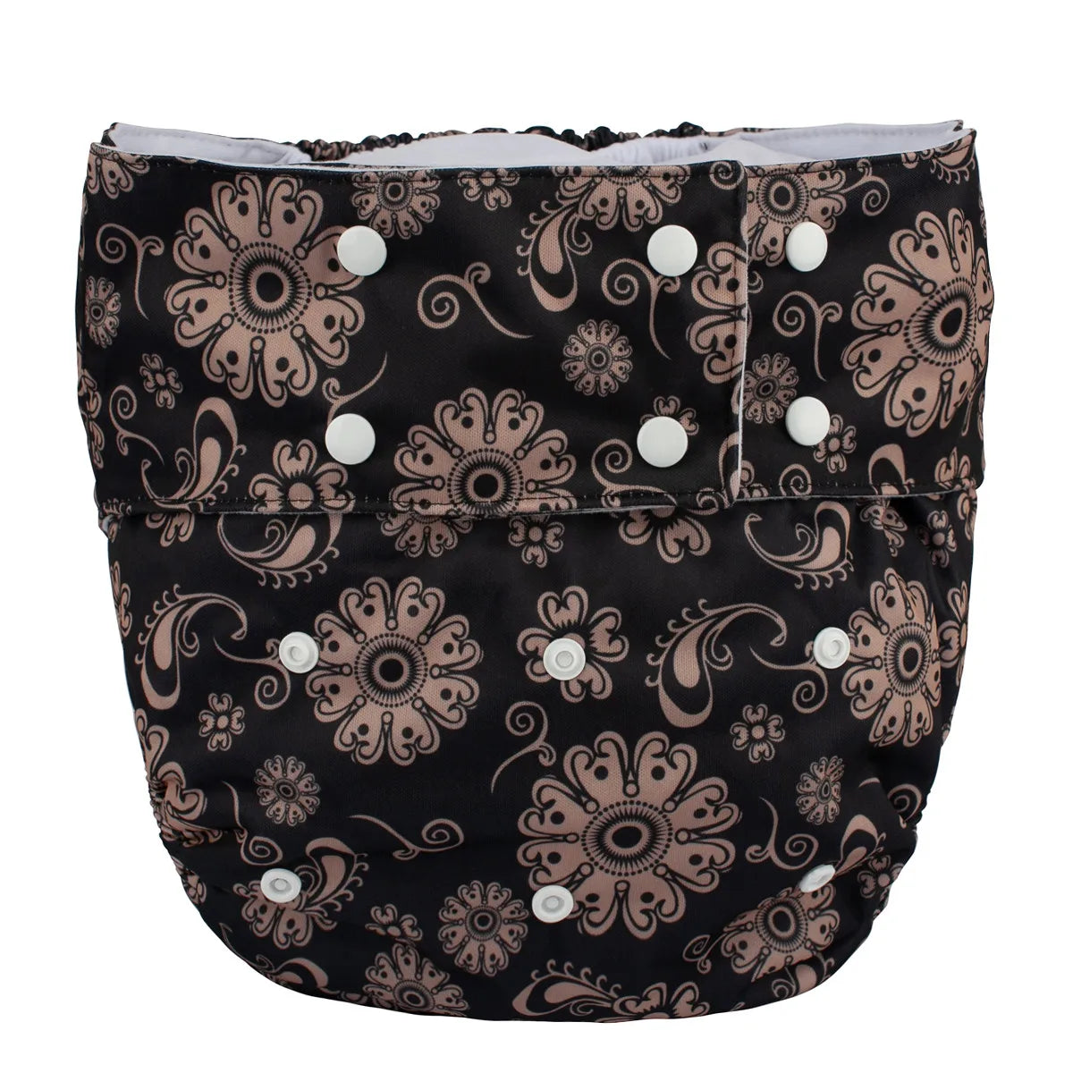 Reusable cloth baby diaper with black and tan floral paisley print, adjustable snap closure baby care essential.