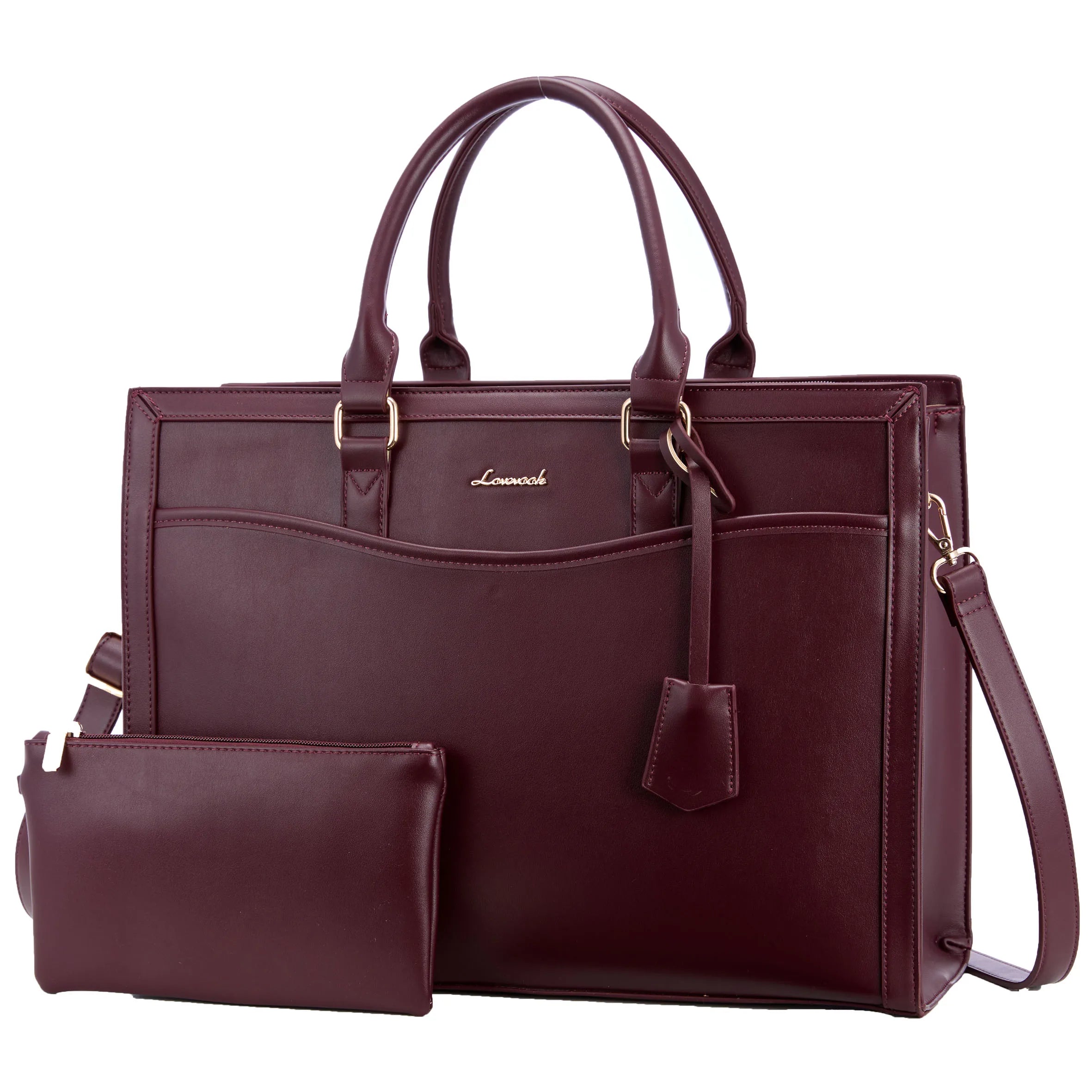 LOVEVOOK burgundy faux leather designer laptop tote bag with matching pouch for women’s office or travel work.