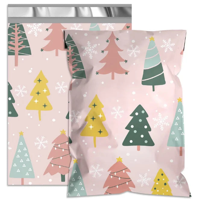 Light pink Christmas poly mailer bag with colorful tree pattern