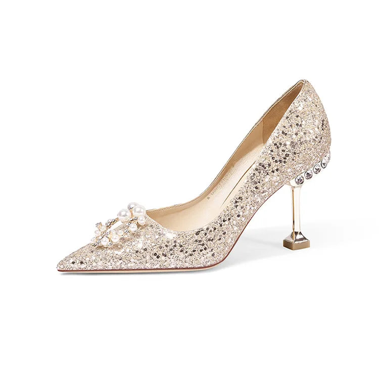 Luxury Shiny Champagne Gold High-heeled Women's Shoes Pointed Toe Designer Heels Ladies Sexy Bridal Wedding Gowns Shoe
